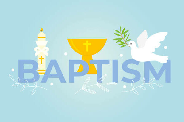 Baptism banner, invitation design template with baptismal font, dove- Holy Spirit symbol, candle and floral elements -vector illustration